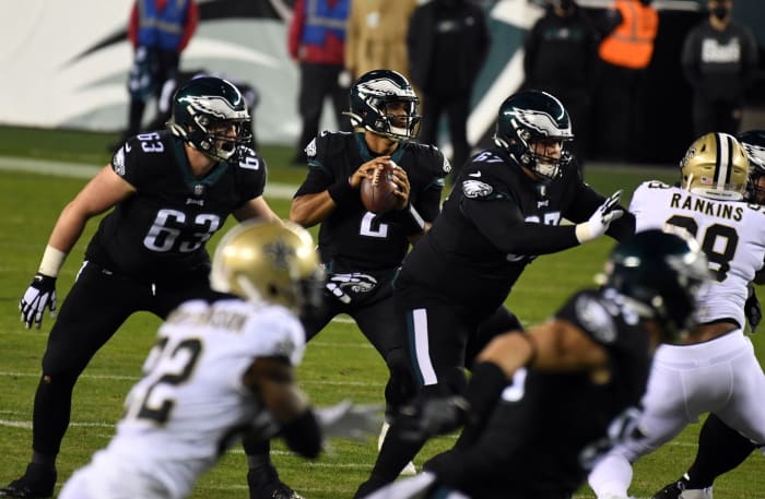Philadelphia Eagles quarterback Jalen Hurts (2) looks to pass against the New Orleans Saints. Mandatory Credit: James Lang-USA TODAY Sports